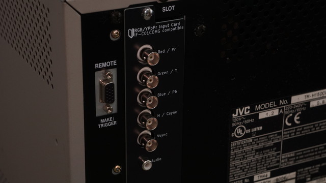 The RGB/Component input card for JVC "professional" televisions  There are 5 BNC connectors (Red/Pr, Green/Y, Blue/Pb, H/CSync, VSync) and a mono audio input (RCA).