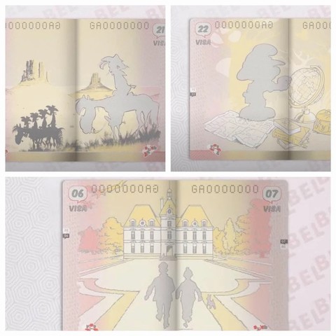 A digital illustration featuring three pages of a passport or booklet. The first page depicts silhouettes of a horse and rider in a desert setting; the second shows a character with a globe and maps; the third features two figures walking toward a grand building.