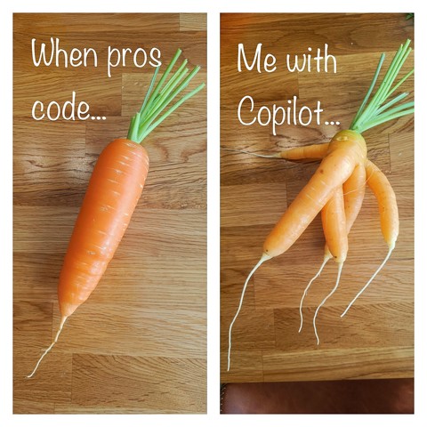 When pros code - a picture of a normal carrot.
Me with Copilot - a picture of a twisted deformed carrot with many roots.