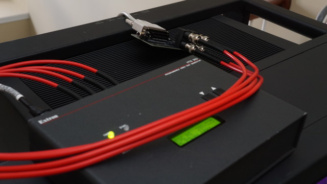 The custom CMPTR breakout board I designed connected to four BNC cables that go to the VTG-200 signal generator for testing CRTs.