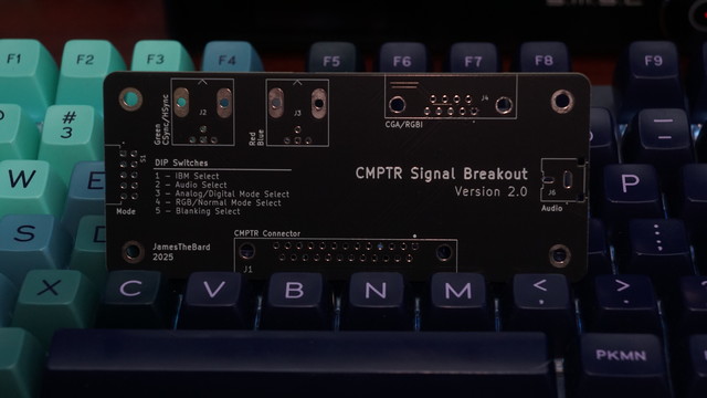 The bare PCB of the CMPTR breakout board showing RGB outputs, TTL/RGBI/CGA, audio, and some dipswitches.
