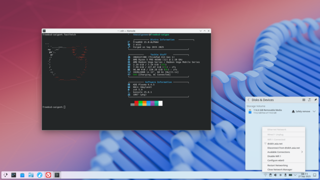 A screenshot of a KDE6 Wayland session on FreeBSD. showcasing the networkmgr, automount and an additional install of the Vivaldi webbrowser