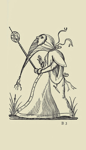 human with rod and knife and some typa smock