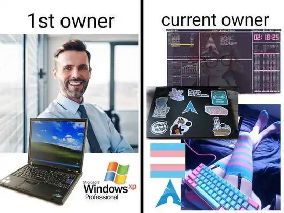 The image is a meme divided into two sections, labeled "1st owner" and "current owner." On the left, under "1st owner," there is a man with a beard and a smile, wearing a light blue shirt and a dark tie, sitting in an office environment. He is using a laptop with a Windows XP Professional operating system, displaying a blue sky wallpaper. On the right, under "current owner," there is a laptop with various stickers, including a Linux sticker and a flag with pink and blue stripes. The laptop scre…