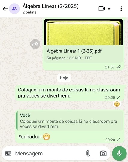 A imagem mostra uma captura de tela de uma conversa no aplicativo WhatsApp. O grupo é chamado "Álgebra Linear (2/2025)". Vemos uma mensagem aonde se lê: "Coloquei um monte de coisas lá no classroom pra vocês se divertirem." A mensagem final inclui a hashtag "#sabadou!" e um emoji de riso bem cretino.
Claramente é o tipo de mensagem que alunos gostam de receber de seus professores numa noite de sábado rs.

Fornecido por @altbot, gerado localmente e de forma privada usando Ovis2-8B e em seguida F…