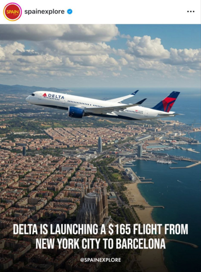 Se ve un cartel generado por IA super cutre en el que un avión de la aerolínea Delta vuela sobre una supuesta Barcelona llena de errores, con la Sagrada Familia a pie de playa,  el ensanche con la retícula de las manzanas curvadas...