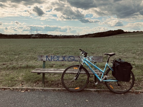 A blue bicycle with a black bag is parked next to a weathered wooden bench, which has graffiti on it. The scene features a grassy field, distant trees, and a cloudy sky.