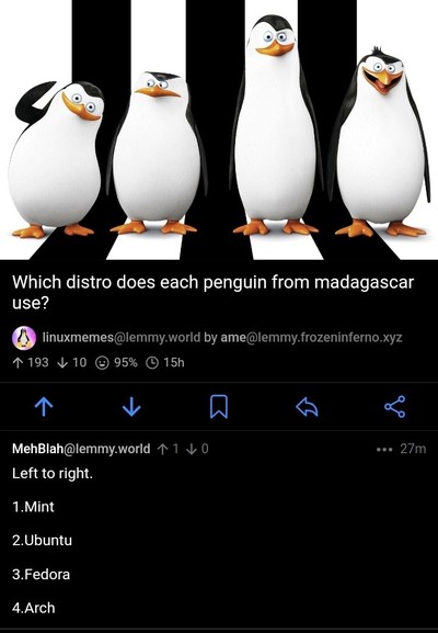 The image features four animated penguins from the movie "Madagascar" standing on a black and white striped background, reminiscent of the iconic Abbey Road album cover. The penguins are arranged from left to right, each with distinct expressions and postures. Below the image, there is a text post on a social media platform. The post asks, "Which distro does each penguin from Madagascar use?" and includes a response from a user named "MehBlah" suggesting the following Linux distributions: Mint,…