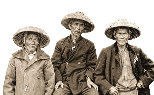 Ging Cui, Wong Fook, and Lee Shao, three of the eight Chinese workers who put the last rail in place, on a float at the 50th Anniversary celebration of the completion of the transcontinental railroad in Ogden, Utah