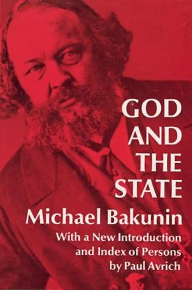 Red book cover featuring a portrait of a bearded male figure. The title "God and the State" and author "Michael Bakunin" are in bold white text.