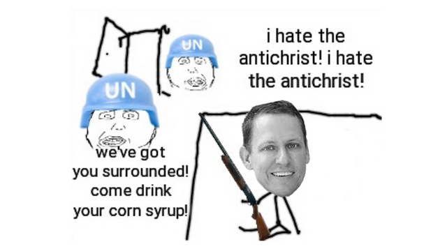 The 'I hate the antichrist' meme only the schizo wojak is Peter Thiel