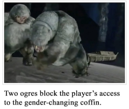 two ogres block the player's access to the gender-changing coffin 