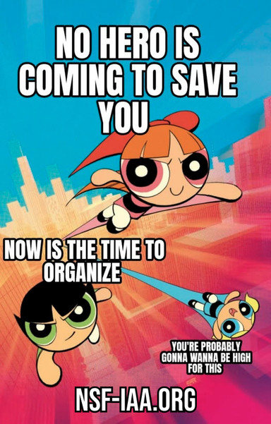 Alt text: "Powerpuff Girls flying over a bright cityscape. Text: 'No hero is coming to save you. Now is the time to organize. NSF-IAA.org.'