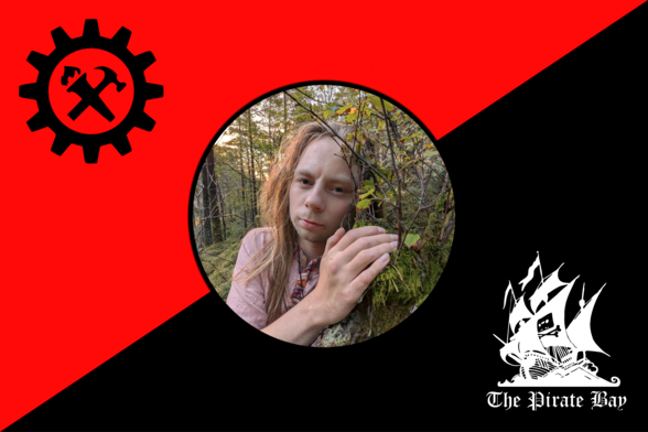 A person with long hair gently touches a leafy branch in a forest, set against a backdrop of a red and black anarchist flag displaying the syndicalist emblem and The Pirate Bay ship. The image blends themes of nature, activism, and digital freedom.