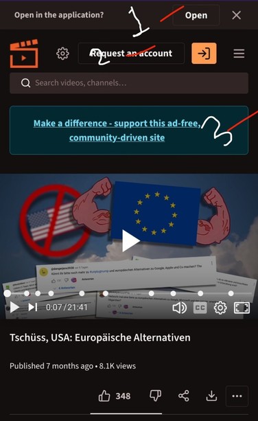This is a screenshot of a video player interface,  from the platform Peertube. The video is currently paused, displaying a frame with a red circle containing a white line through it, superimposed on an American flag background. Above the video is a banner that reads "Make a difference - support this ad-free, community-driven site". Below the video player are various icons and information. There's a timestamp of “0:07:21:41” and a title that reads “Tü hüss, USA: Europäische Alternativen”, follow…