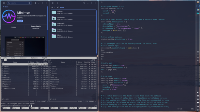 Scrot of a number of tiled windows in Cosmic, on NixOS, with a focus on an applet as contributed by the community.