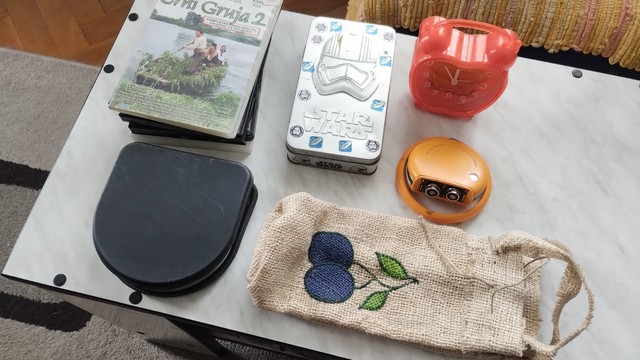 DVD movies, disc case, Star Wars tin box, alarm clock, vintage transistor radio and more