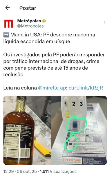 A imagem mostra uma foto de perto de três garrafas em um fundo escuro. A garrafa da esquerda é escura e retangular, com um rótulo com texto em branco e um pequeno símbolo de alerta. A garrafa do meio é transparente e cilíndrica, com uma etiqueta numerada (1, 2, 3) e um logotipo laranja na parte inferior direita. A garrafa da direita é transparente e cilíndrica, com uma etiqueta branca e texto ilegível. O logotipo de uma publicação chamada Metrópoles aparece no canto superior esquerdo. Abaixo da…