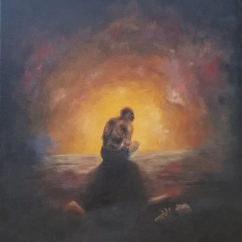 A lone figure kneels in contemplation against a dramatic sunset backdrop, with warm hues of orange and red surrounding a dark silhouette, evoking introspection.