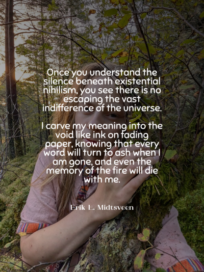 A person in a forest holds a tree, partially obscured by leaves. Overlayed text explores existential nihilism. The scene feels introspective and melancholic.