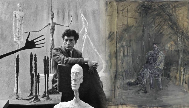 Monochrome image of a man seated among elongated sculptures with a thoughtful expression, alongside a painting of a solitary figure in a dim, abstract room.