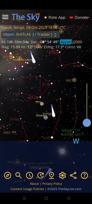 Screenshot from SkyLive showing 3I/Atlas above the horizon and the sun below.