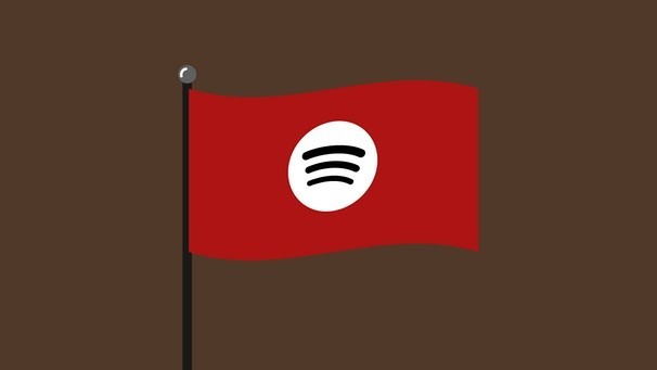 A red flag with a black pole features a white circle and black curved lines resembling the Spotify logo. The background is solid brown, conveying a bold and minimalist tone.
