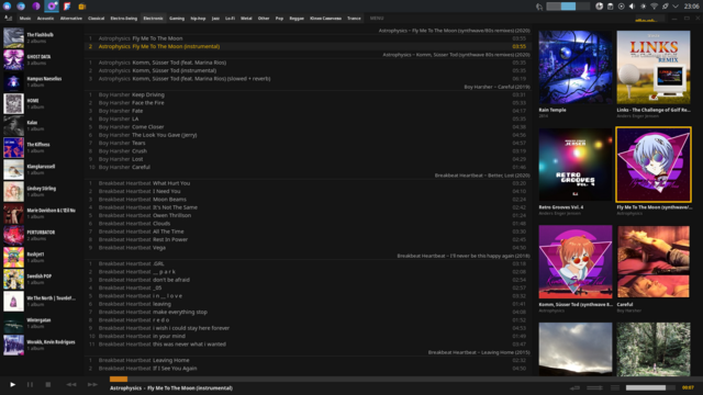 A music player app showing a personal library playlist with tracks from various artists. Visible song titles include “The Last Comiket on Earth” by robokabuto, “Shinjuku Station” by Various Artists, and “Heartbeats” by Lindstrøm. The interface shows high-resolution album art, bitrates (FLAC, 16-bit, 44.1 kHz), and a clean layout typical of a foss audio player. The playlist includes genres like synthwave, electronic, and lo-fi.