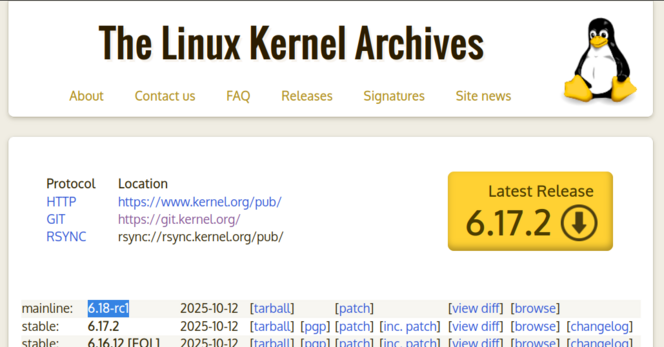 screenshot from kernel.org, with 6.18-rc1 highlighted