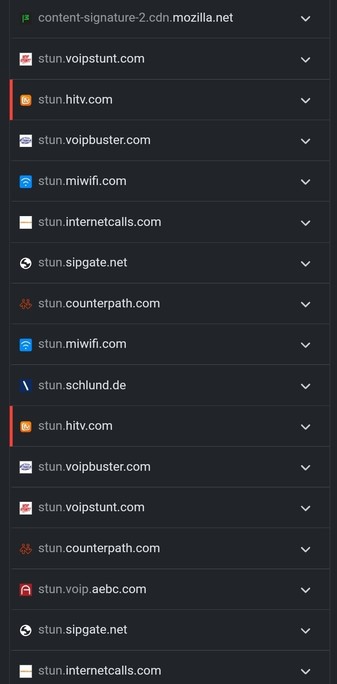 Nextdns logs page showing 
content-signature-2.cdn.mozilla.net
stun.voipstunt.com
stun.hitv.com
stun.voipbuster.com
stun.miwifi.com
stun.internetcalls.com
stun.sipgate.net
stun.counterpath.com
stun.miwifi.com
stun.schlund.de
stun.hitv.com
stun.voipbuster.com
stun.voipstunt.com
stun.counterpath.com
stun.voip.aebc.com
stun.sipgate.net
stun.internetcalls.com