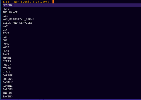 A screenshot of emacs setting a starling bank spending category, using completing-read. 