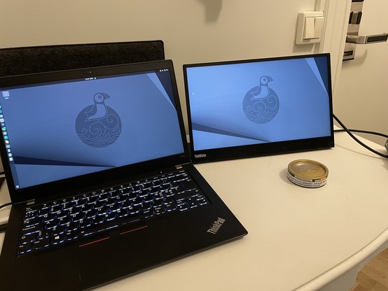 A black laptop and a secondary monitor are displayed on a table, both showing the same minimalistic design with a bird logo - ububtu 25.04. The setup appears to be in a simple indoor setting, a hotel.