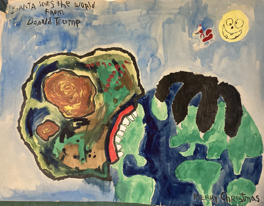 Crudely painted image of enormous blobby monster with red and yellow lava pools for eyes and large teeth taking a bite out of the planet Earth. The label says Santa saves the world from Donald Trump. A tiny Santa on a sleigh attacks the monster, while a smiling cartoony sun wayches. 