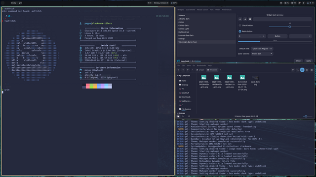 Scrot of Slackware Current+, kernel 6.17.4, Ghostty terminal, Mango (previously MaoMao) windowmanager + DankMaterialShell