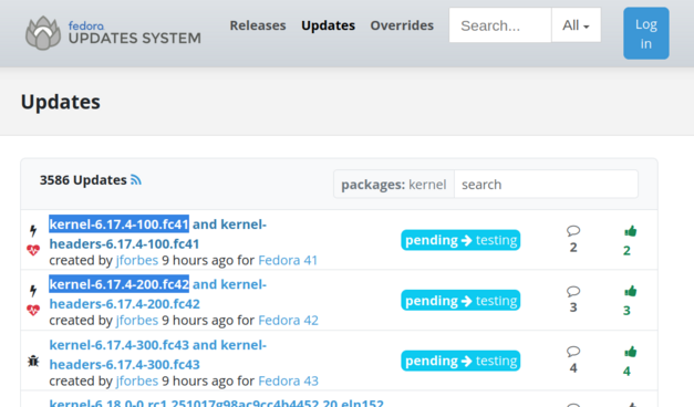 Screenshot of https://bodhi.fedoraproject.org/updates/?packages=kernel, showing 6.17.y updates for fedora 41 and 42