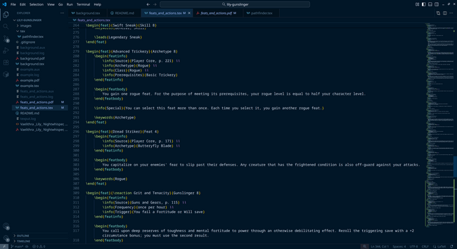 The LaTeX code used for the new character's feats including descriptions and the like.