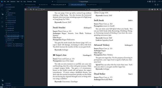 The resulting output of the LaTeX code showing the new character's feats including descriptions and the like.