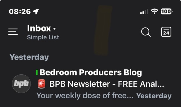 An email inbox interface showing a newsletter from the "Bedroom Producers Blog." The message includes the text "Your weekly dose of free..." along with related icons.
