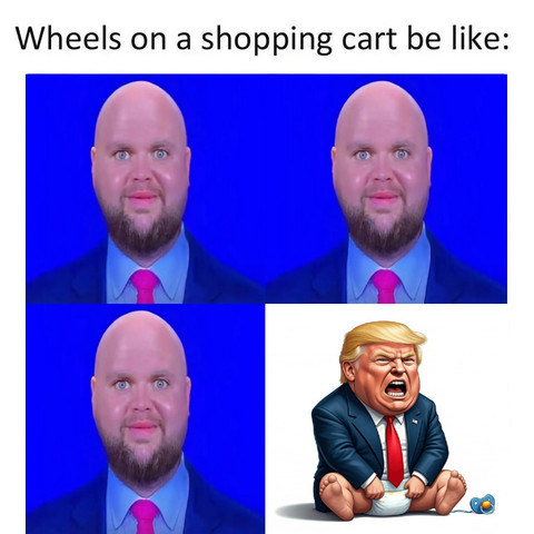 The image is a digital artwork depicting Donald Trump in a cartoon style. He is seated on the floor, legs bent with feet crossed, and appears to be smiling broadly. Trump is wearing a dark suit with a red tie and a white shirt. A blue pacifier is resting near his right foot. The background is a solid black color, with no additional features or objects. 