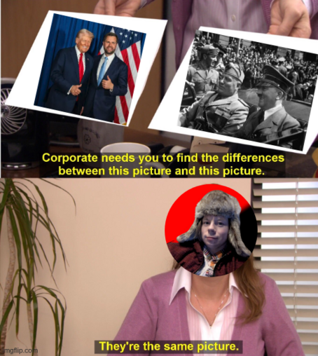 A meme from "The Office" shows two photos: one of two men posing together, the other an old photo of military dictators. Below, a woman says, “They’re the same picture.”