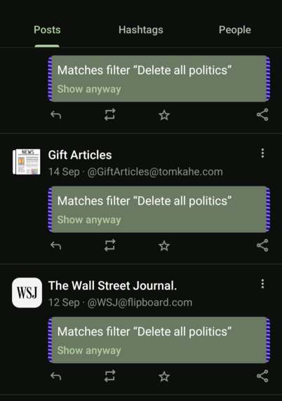 Matches filter "Delete all politics"

Show anyway

Gift Articles

14 Sep @GiftArticles@tomkahe.com

Matches filter "Delete all politics"

Show anyway

WSJ

The Wall Street Journal.

12 Sep @WSJ@flipboard.com

Matches filter "Delete all politics"

Show anyway