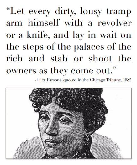 Black-and-white image featuring a historical quote and an illustration. The top portion shows large serif text that reads: Let every dirty, lousy tramp arm himself with a revolver or a knife, and lay in wait on the steps of the palaces of the rich and stab or shoot the owners as they come out. Below the quote, smaller text says: Lucy Parsons, quoted in the Chicago Tribune, 1885. Beneath the text is an engraved portrait of Lucy Parsons, a woman with short curly hair, earrings, and a high-collare…