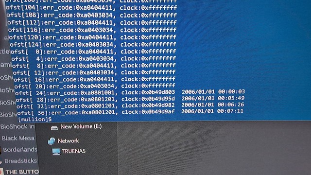 Photo from a SYSCON log, showing old errors on top of the 4 new ones, with the time battery back and time reset to january 2006.