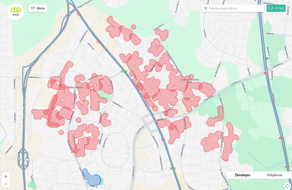 ESO atjungimų žemėlapis, kuriame pusė Pašilaičių ir Fabijoniškių rajonų Vilniuje – be elektros.
