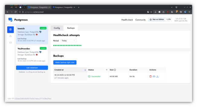 A picture of Postgresus showing both the Vaultwarden and Immich DBs being monitored as well as available backups.