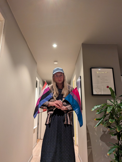 A gender-fluid person stands in a softly lit hallway holding two pride flags, one gender-fluid and one bisexual. They are wearing a green cap and a black dress. Framed art and a potted plant are visible in the background, adding a cozy and calm atmosphere.