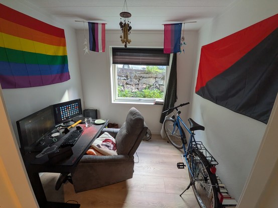Small home office with a computer desk, two monitors, and a gray chair. A rainbow pride flag hangs on the left wall, an anarchist flag on the right, and a blue bicycle is parked by the window. Above the window hang gender-fluid and bisexual flags, and a wind chime hangs from the ceiling.