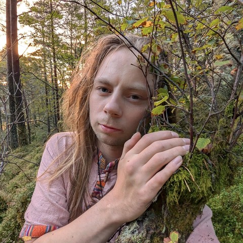 A person with long hair embraces a moss-covered tree in a forest at sunset. The scene is serene, with warm light filtering through the trees.