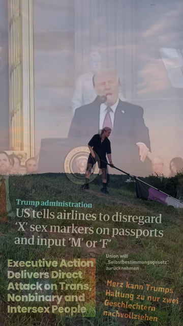 A person waving a non-binary flag.
Overlayed is Trump speaking about a new policy that there are 'only two gender'.
There are 4 news about attacks on trans, non-binary and intersex people from US and Merz' CDU.
The overlay disappears and the song 'Another Love' by Tom Odell starts. People are shown in the city, in meadows and in front of protests waving a non-binary flag.
On top of the video the following text is shown: 'But the truth is... No matter how many people deny our existence. No matte…