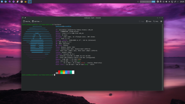 A dark-themed terminal window shows detailed system information alongside a blue ASCII logo on the left. Behind it, the desktop wallpaper displays a tranquil sunset in pink and violet hues over a calm ocean.


